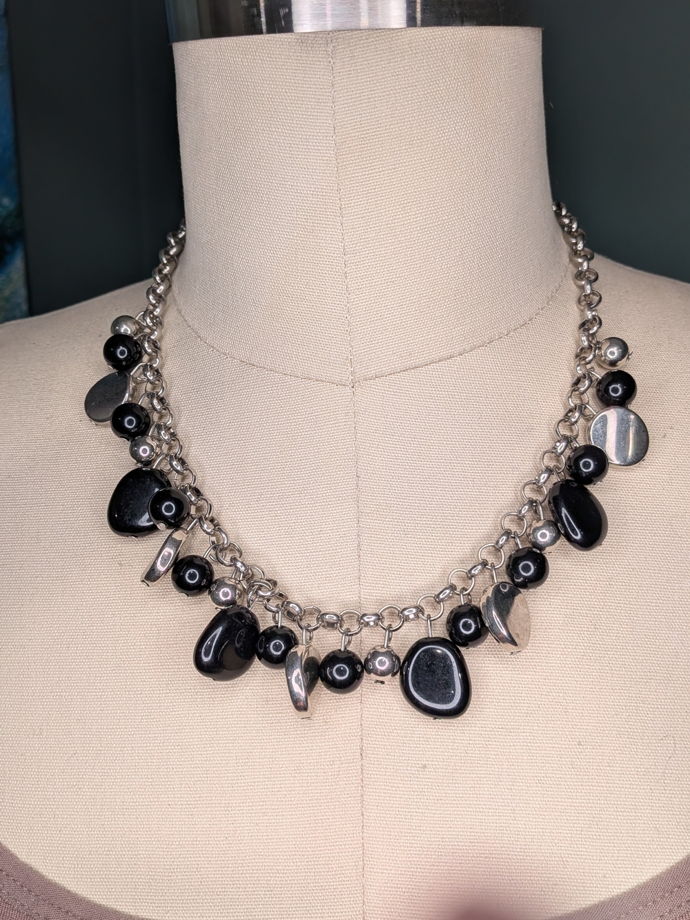 Chunky Black Silver Charm Statement Necklace Rolo Chain Collar Bib